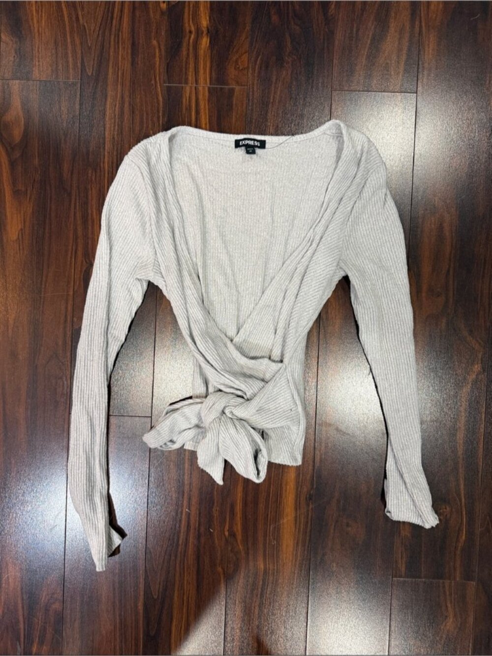 Express Light Gray Ribbed Wrap Tie-Front Sweater